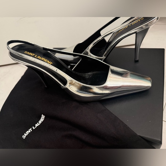 YSL Saint Laurent Patent Tom 90 Blade Leather Slingback Pumps Silver 37.5 $945 - Picture 3 of 8